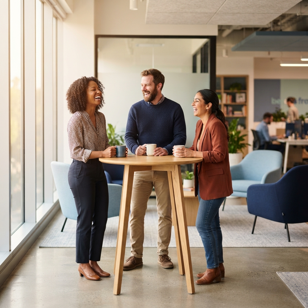 Diverse team laughing together in a modern office