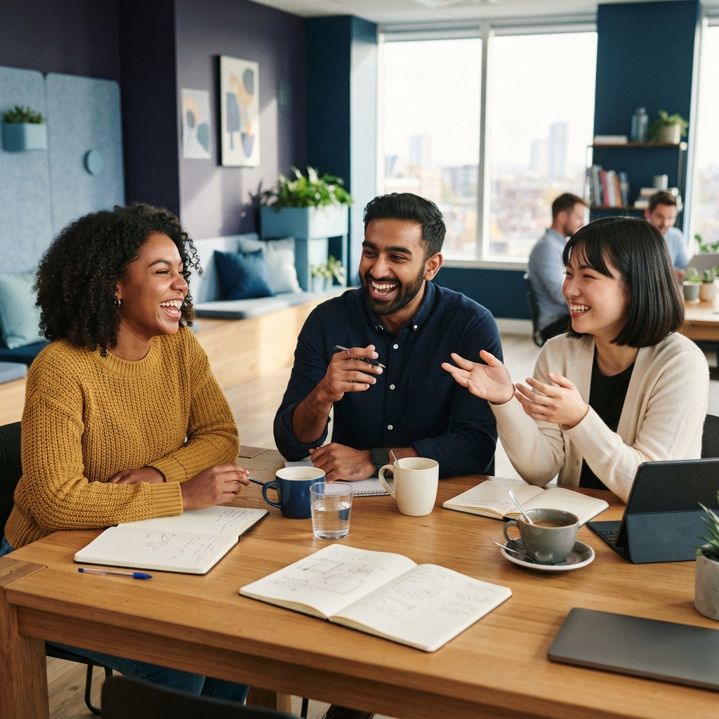 Diverse team laughing and collaborating in a modern office