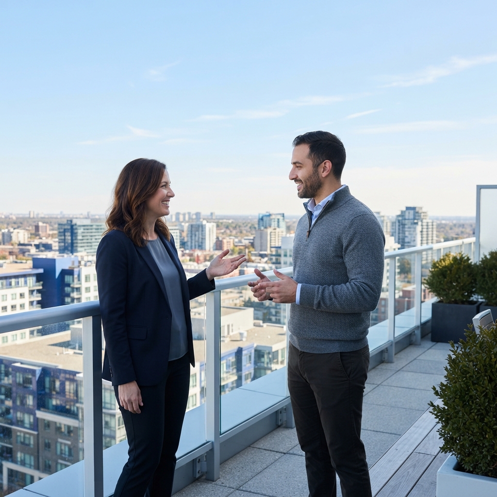 Two business leaders having a relaxed conversation outdoors