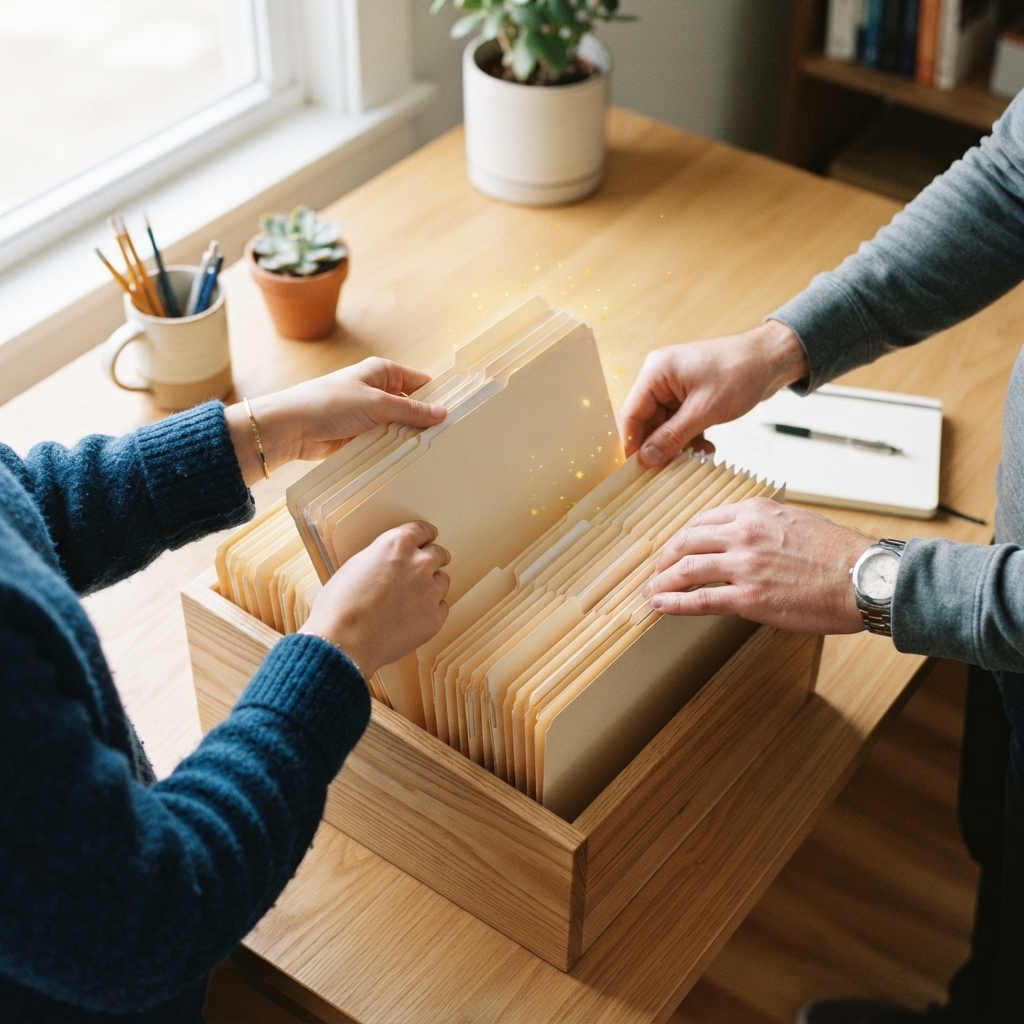 Hands organizing physical files into a neat wooden tray