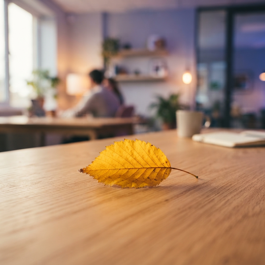 Golden leaf on a clean desk representing growth