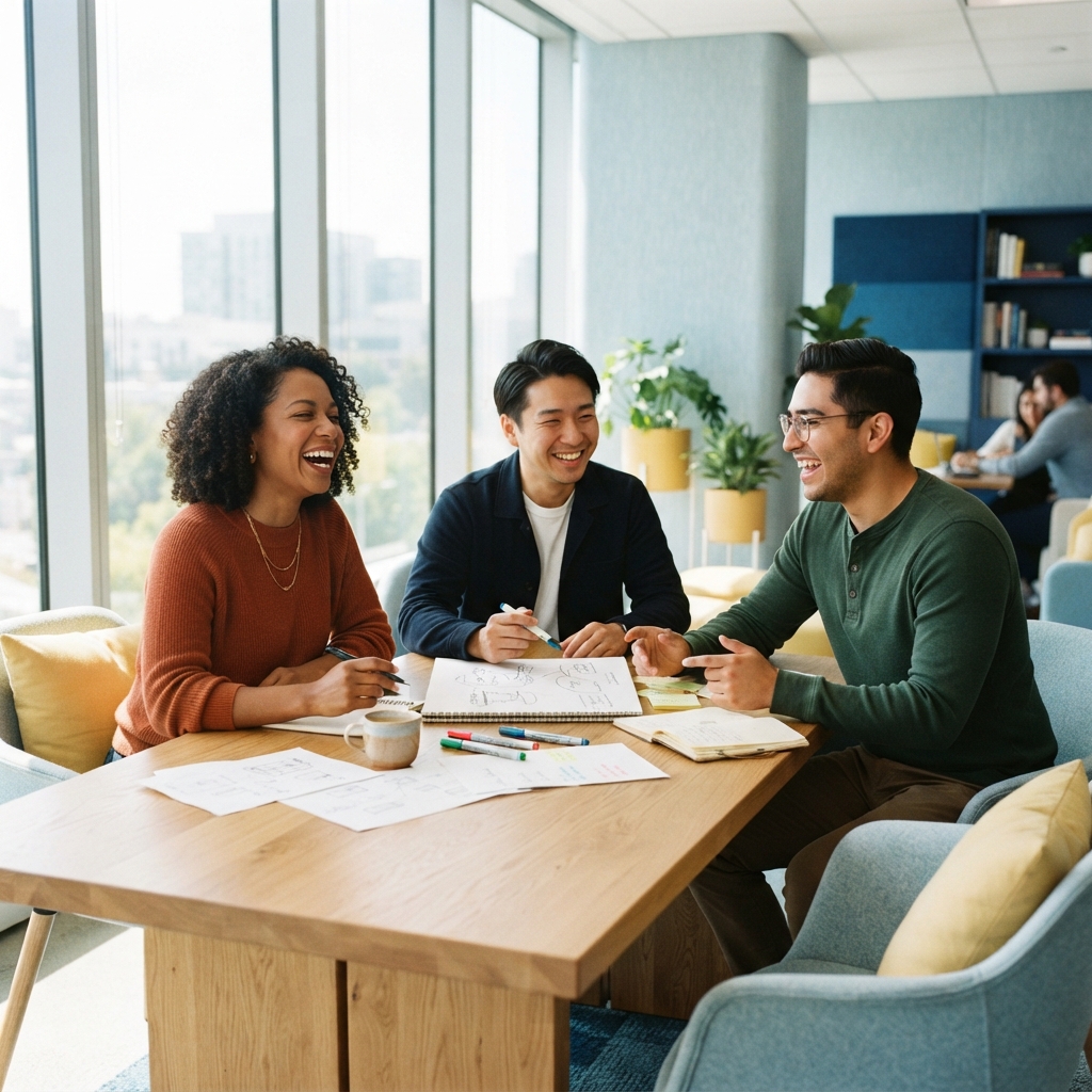 Diverse team collaborating happily in a modern sunlit office
