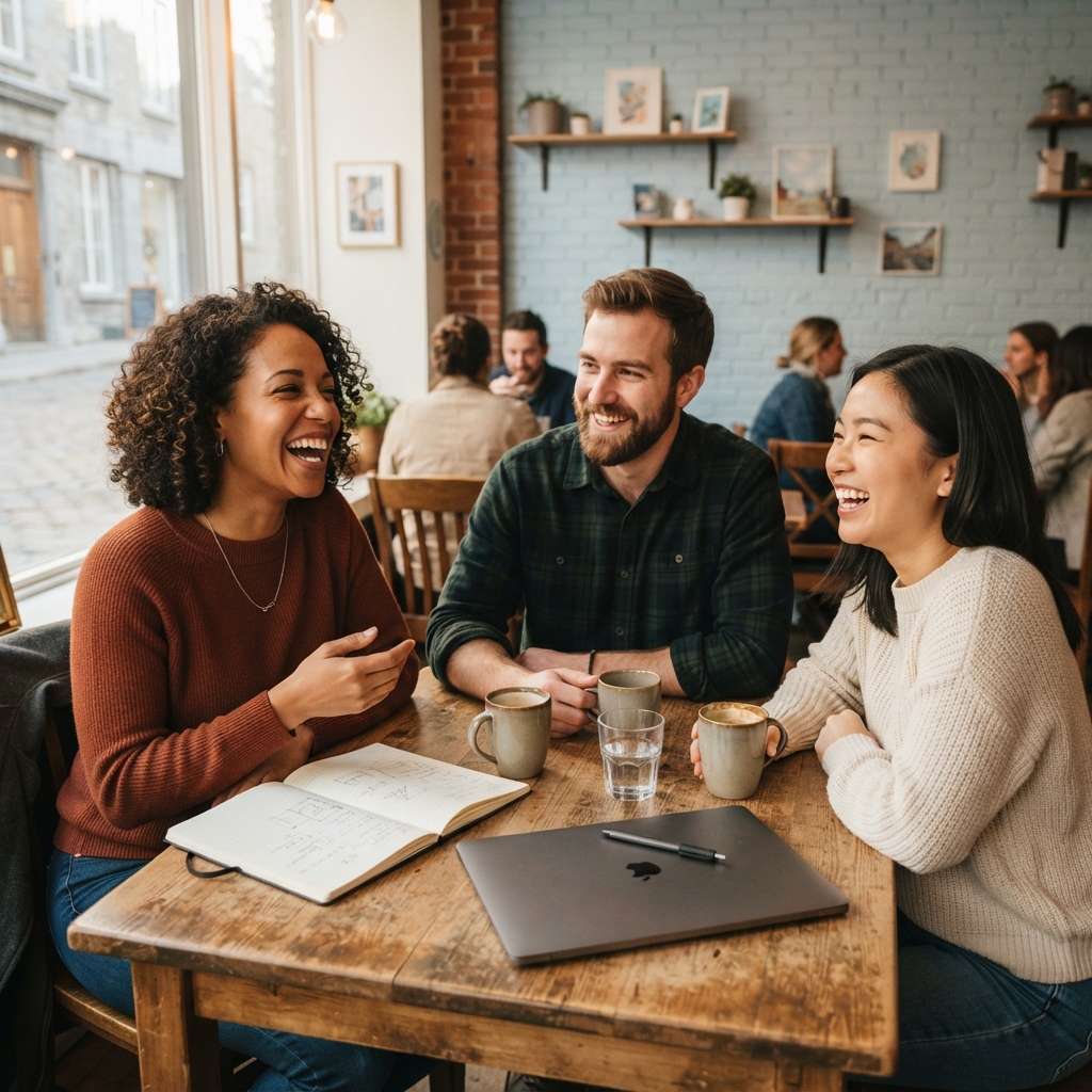 A diverse group of colleagues talking together in a cafe