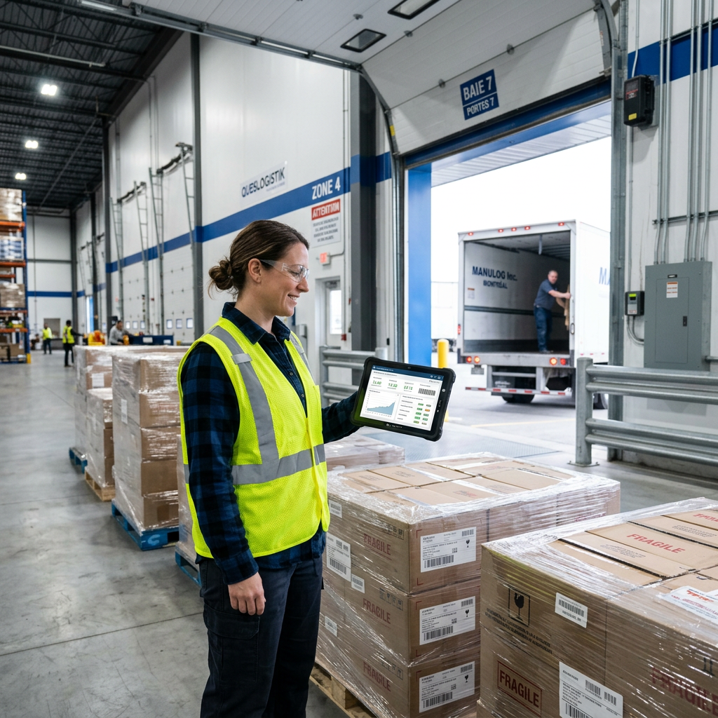 Warehouse coordinator reviewing shipment dashboard at loading dock
