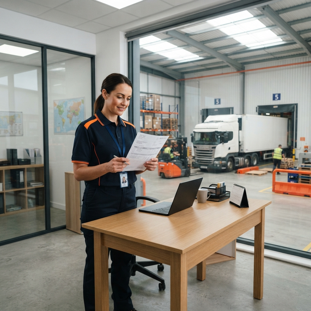 Logistics manager reviewing shipping documents in a bright warehouse