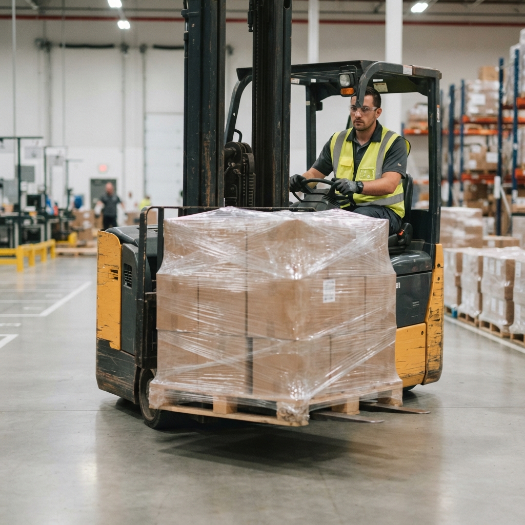 Warehouse worker carefully moving a pallet with a forklift
