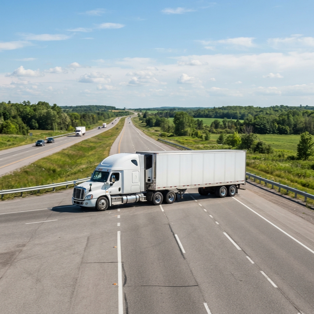 A commercial transport truck moving along a sunny highway