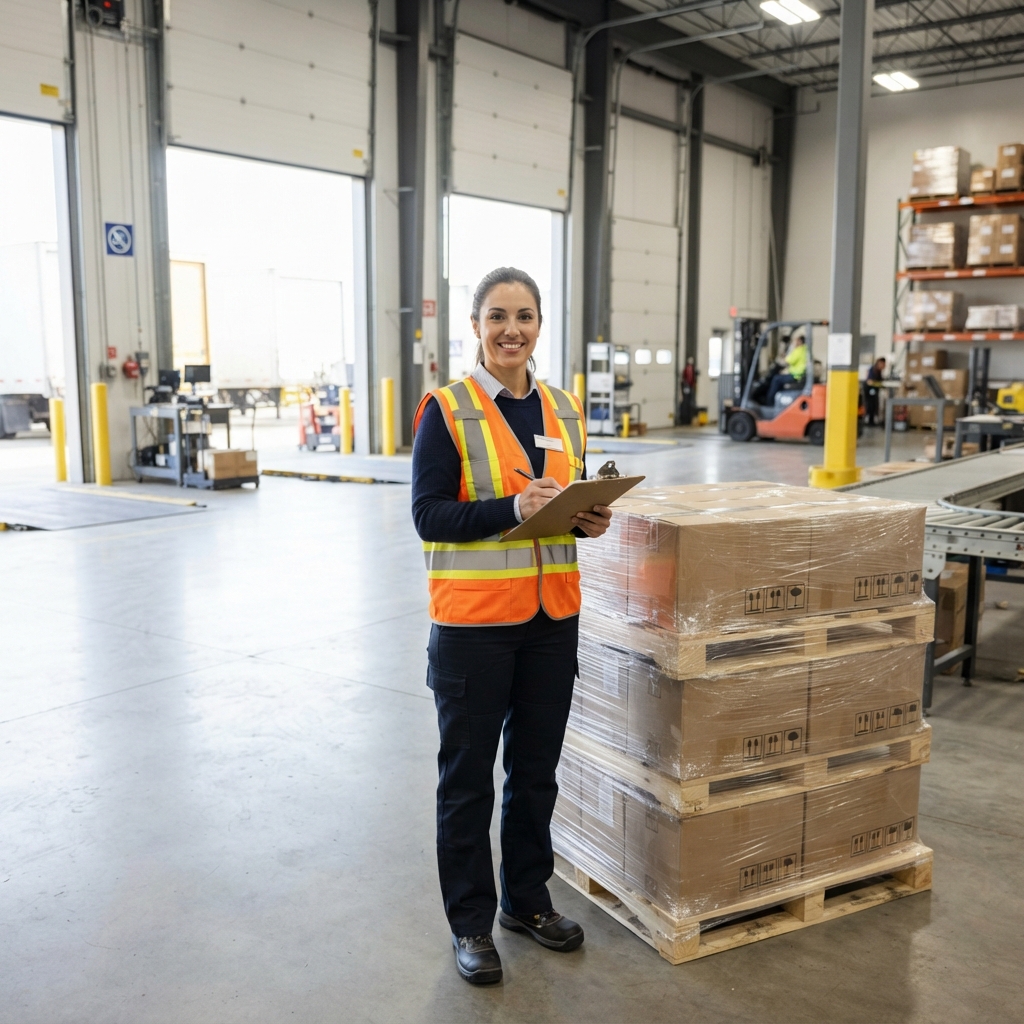 Logistics coordinator inspecting palletized freight in a clean warehouse