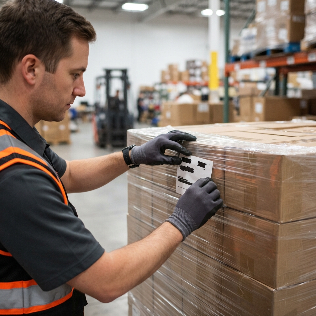 Warehouse worker preparing a shipping pallet for transport