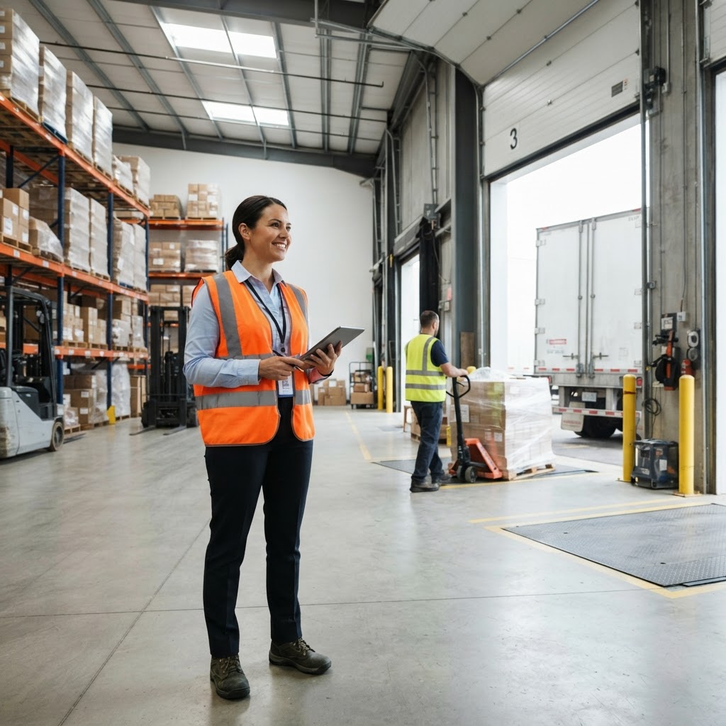 Logistics manager watching a truck at a warehouse loading bay