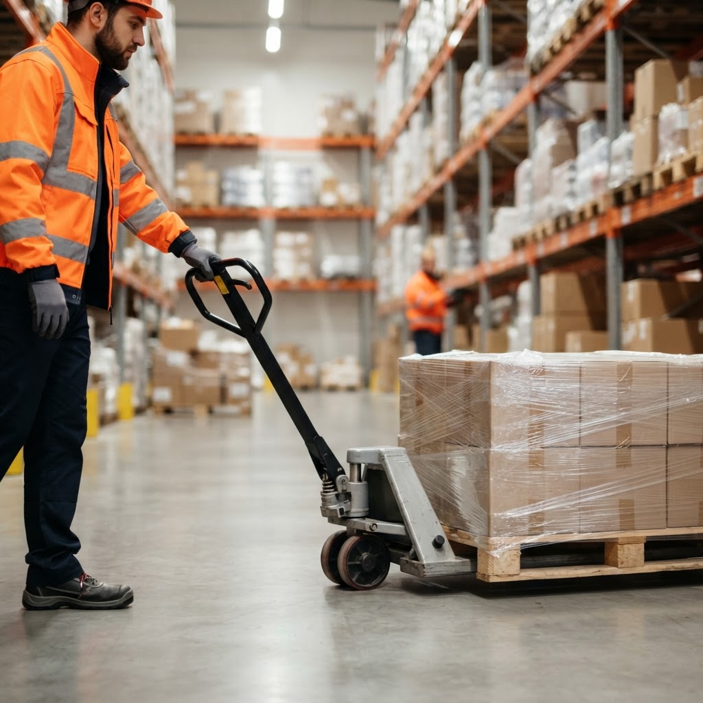 Worker moving palletized freight in a clean warehouse