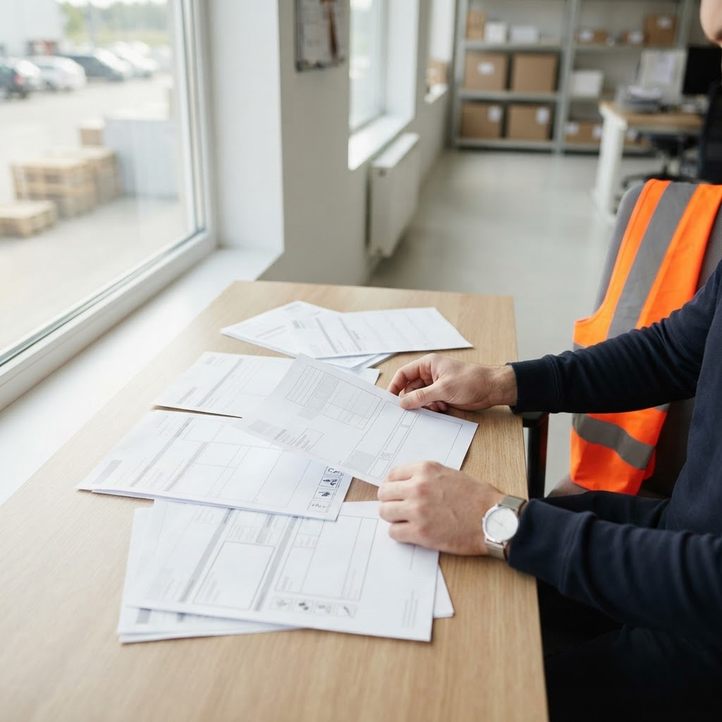 Logistics worker organizing shipping documents in a tidy workspace