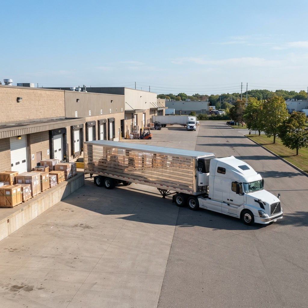 Transport truck departing from a clean loading dock