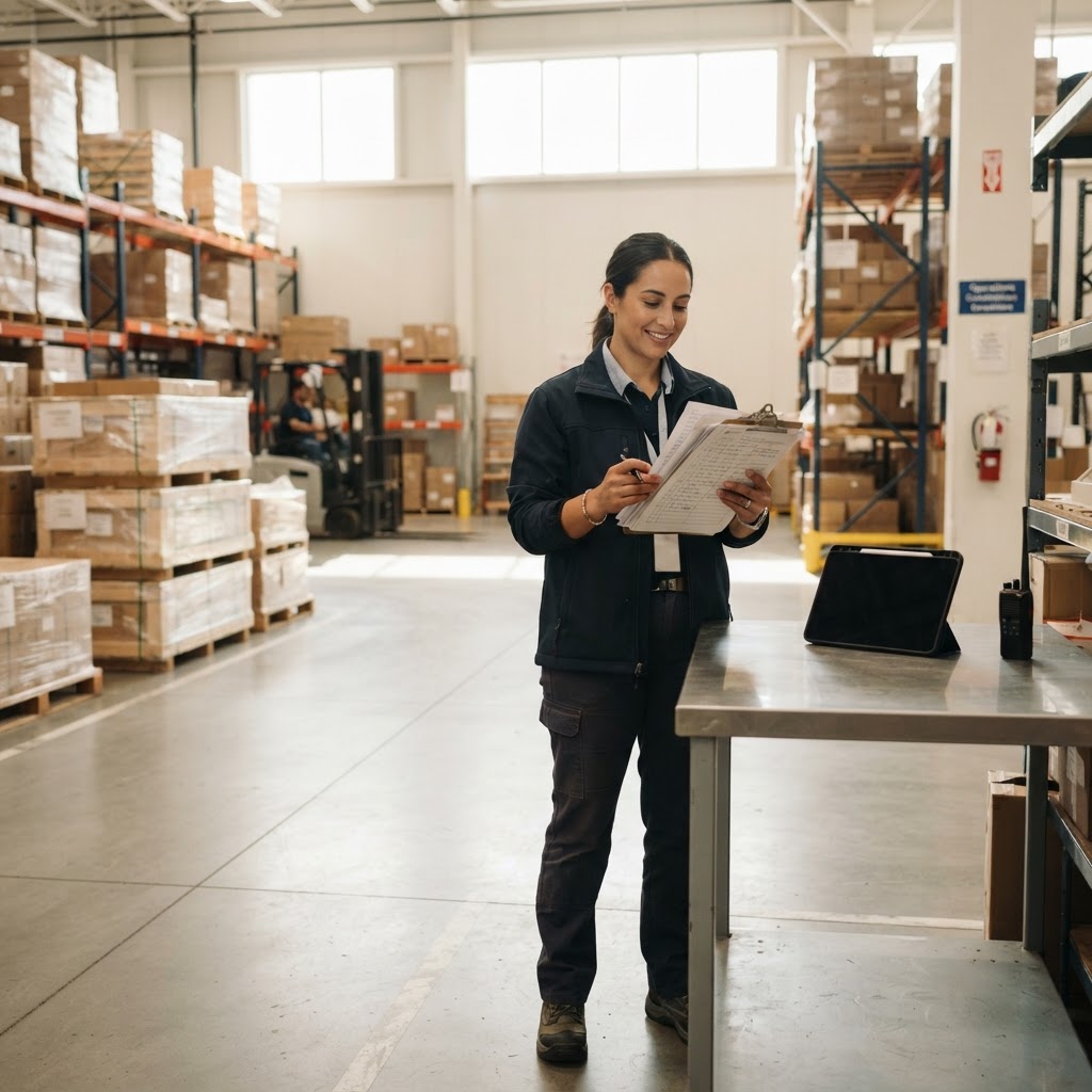 Logistics coordinator reviewing shipment documents in a warehouse