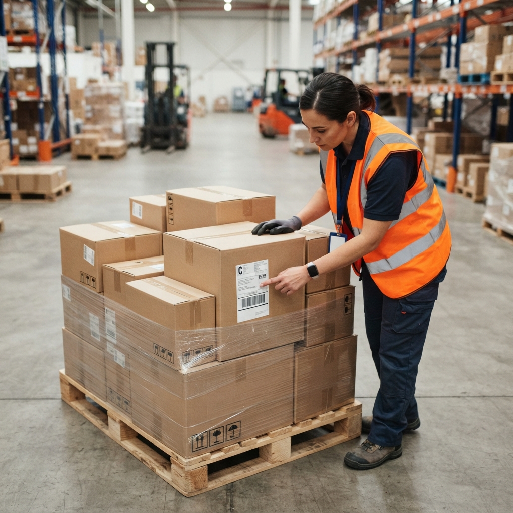 Warehouse worker checking shipping labels on a pallet