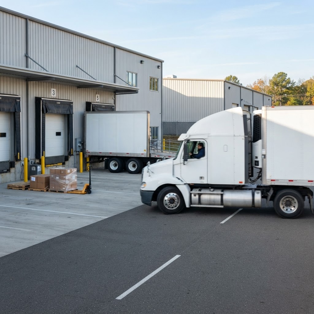 Transport truck departing from a clean loading dock