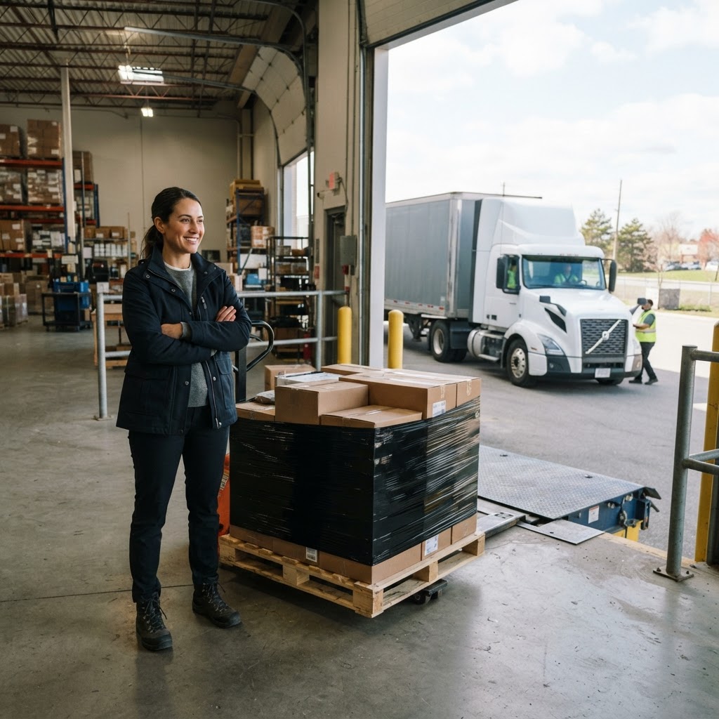 Small business owner with a prepared pallet at a loading dock