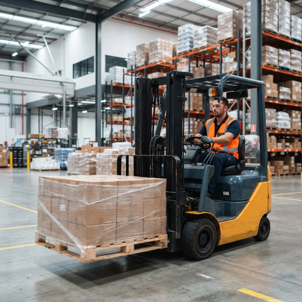 Warehouse worker operating a forklift moving freight
