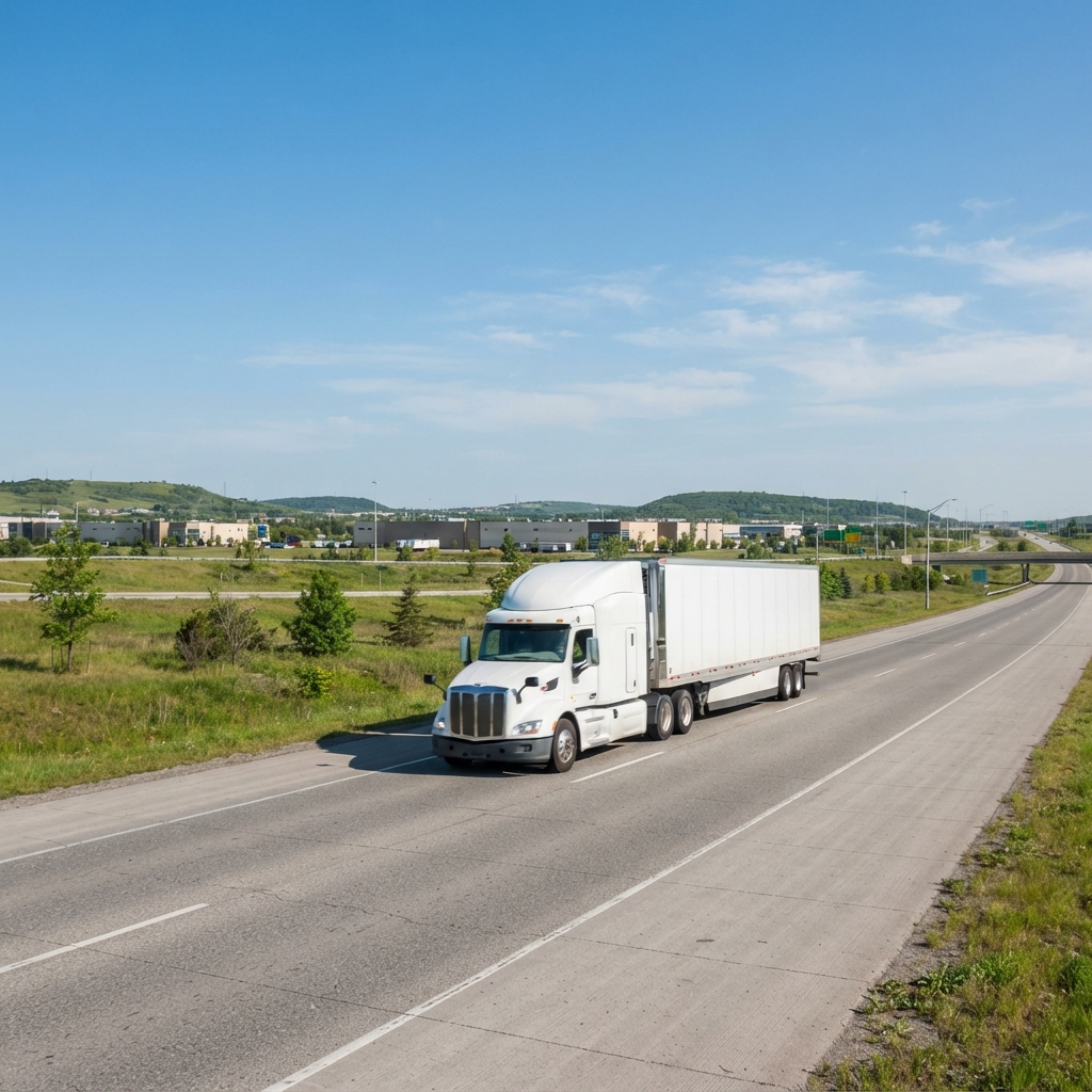 Transport truck moving along an Ontario highway