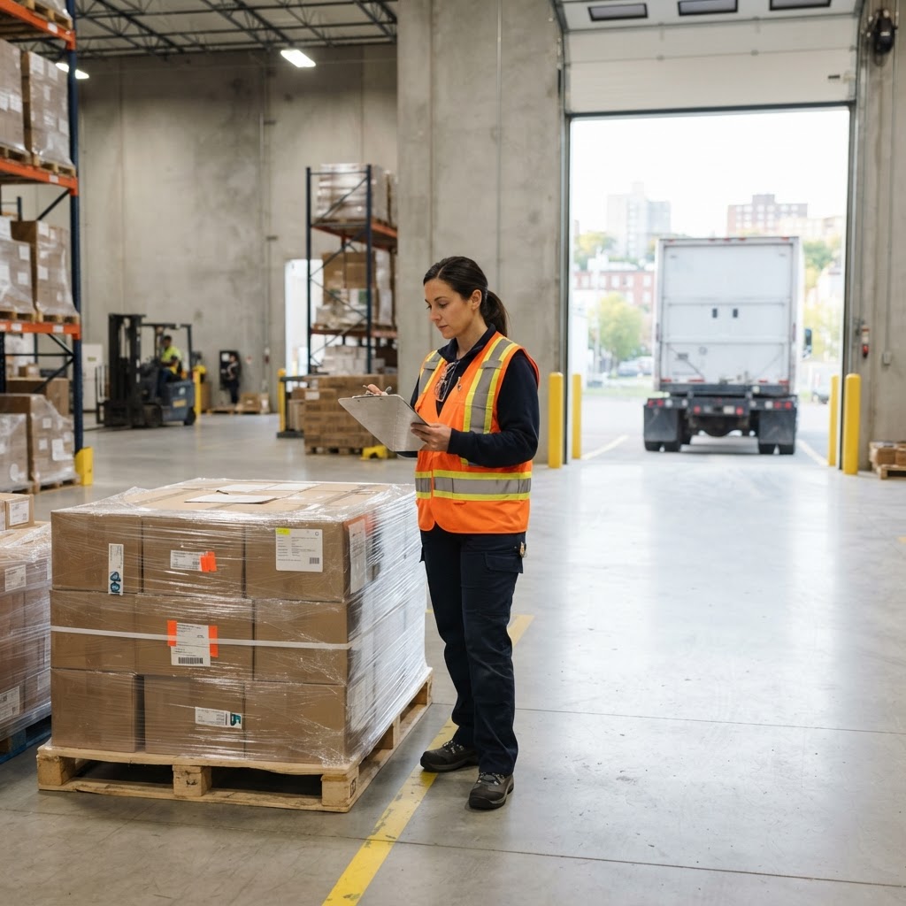 Logistics coordinator inspecting a pallet in a warehouse