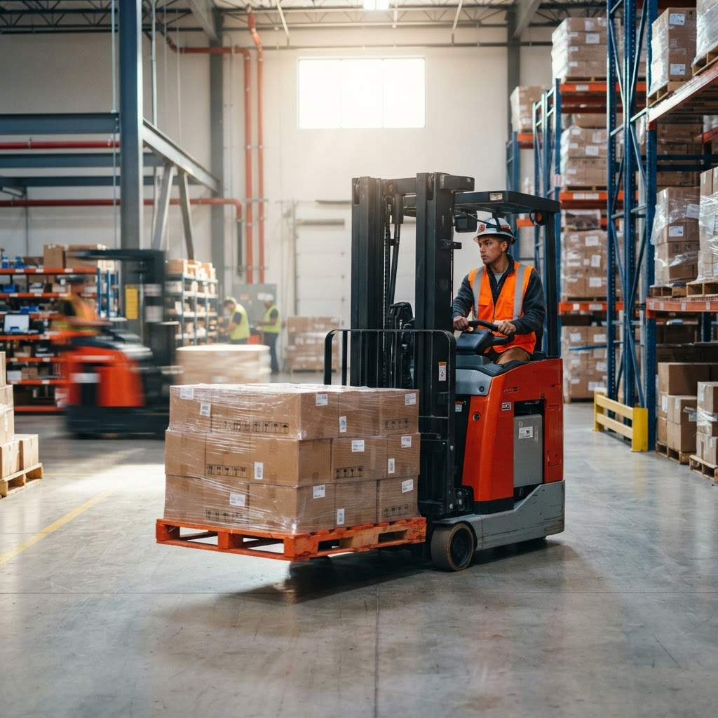 Forklift operator moving a pallet in a warehouse