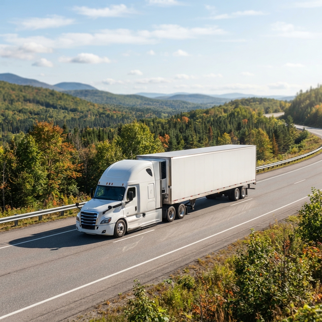 Transport truck moving along a highway