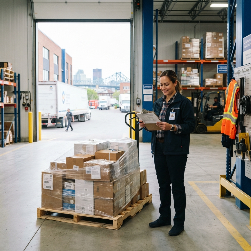 Logistics coordinator managing freight in a Montreal warehouse