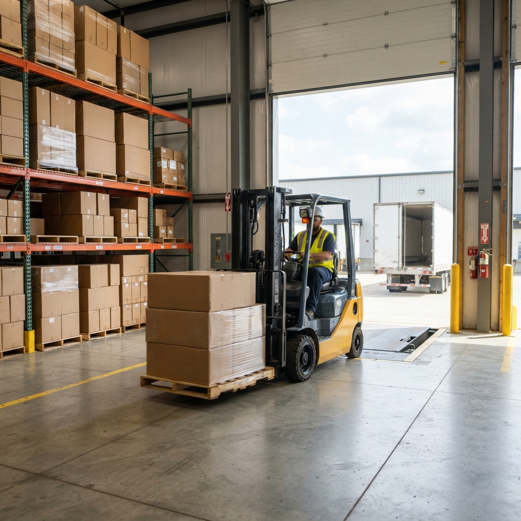 Forklift operator moving freight in a clean warehouse