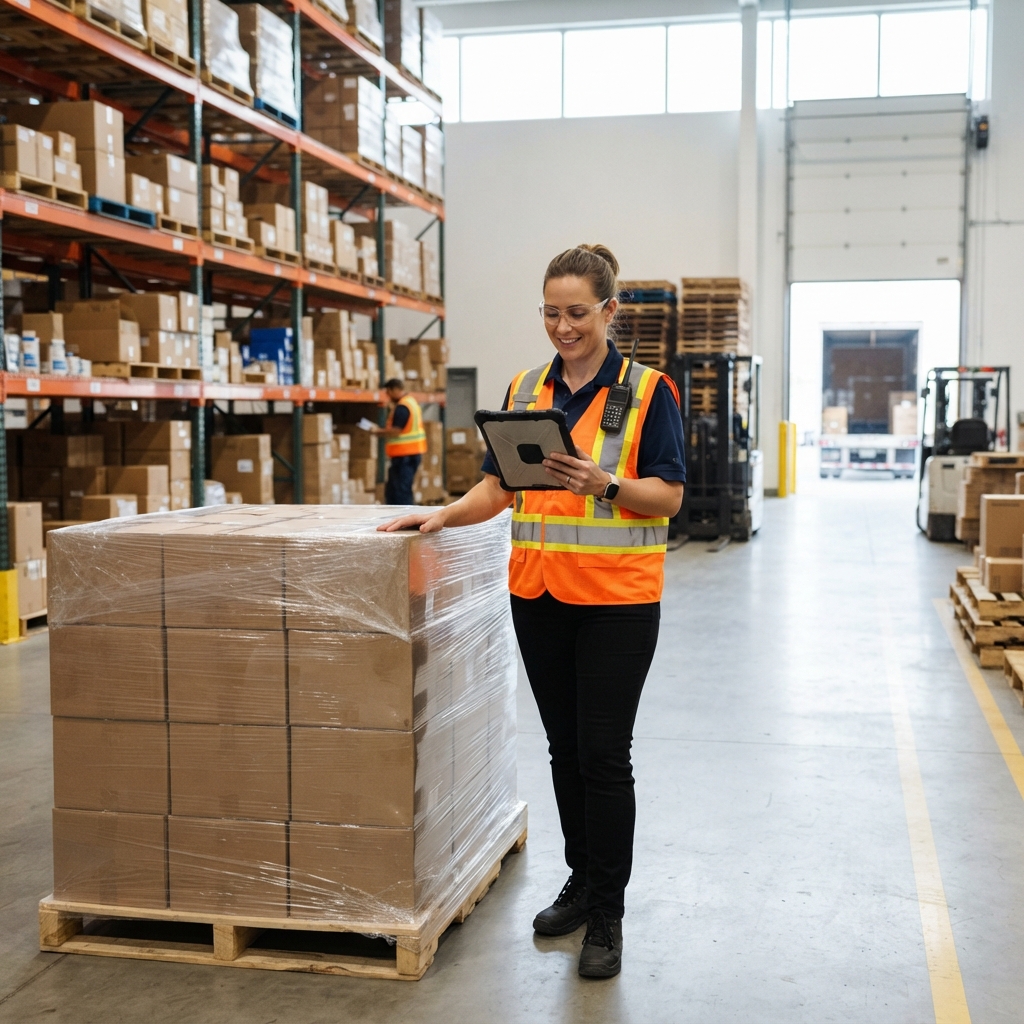 Warehouse coordinator checking shipping progress on a tablet