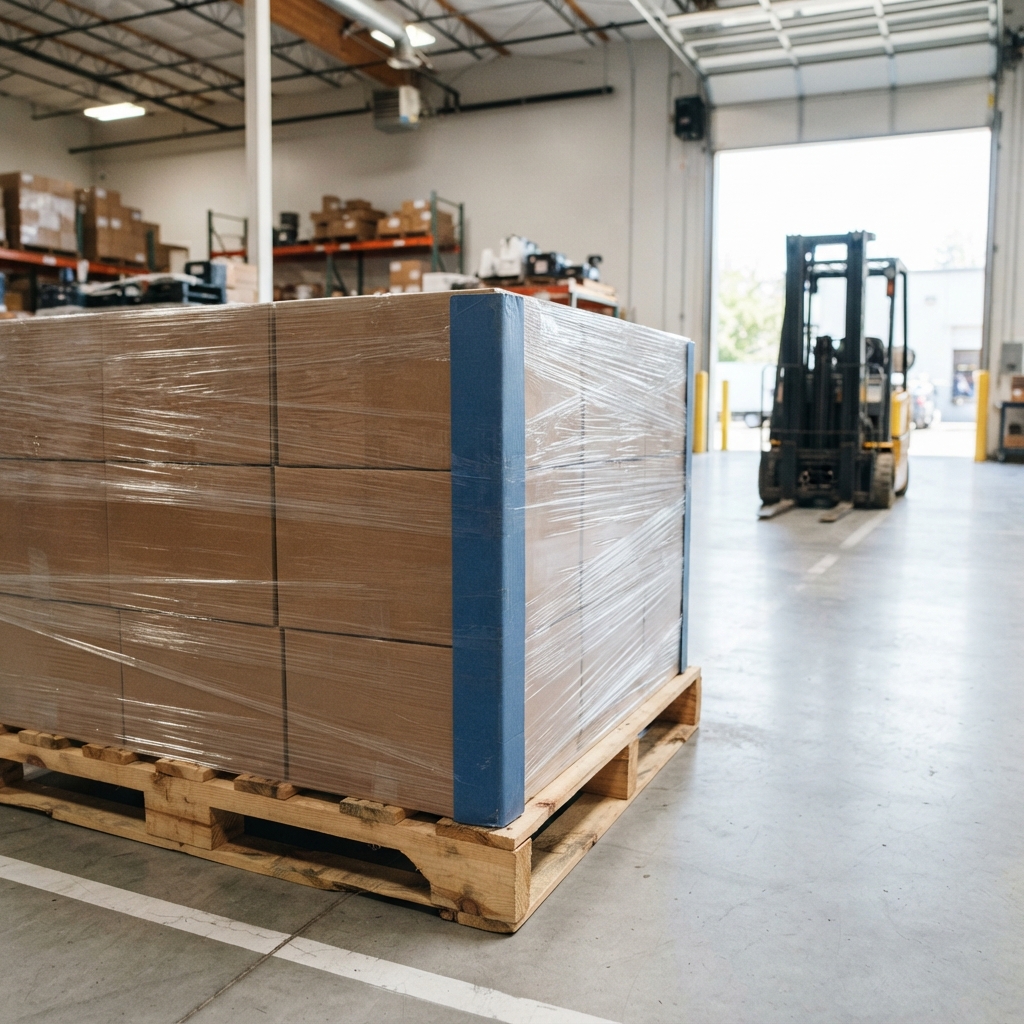 Detail of a professionally wrapped shipping pallet in a warehouse