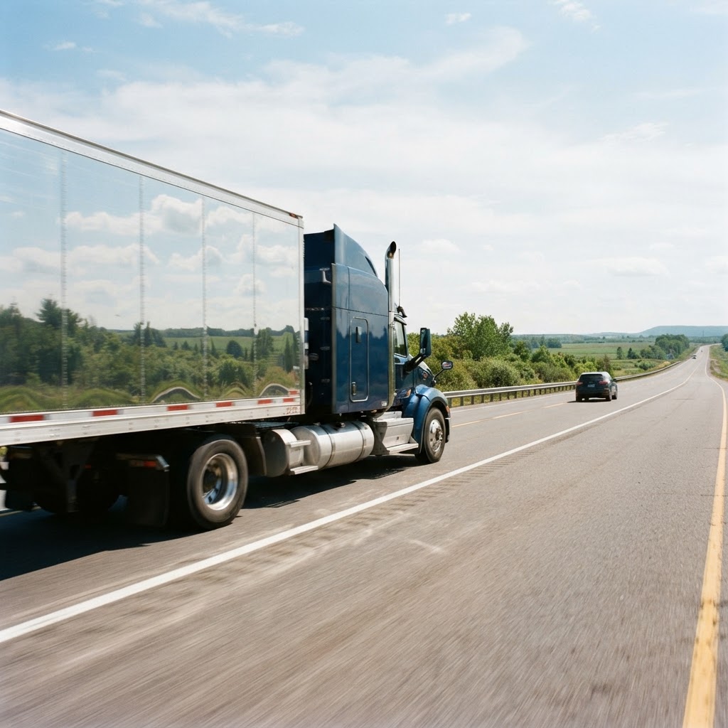 Transport truck driving on a Canadian highway
