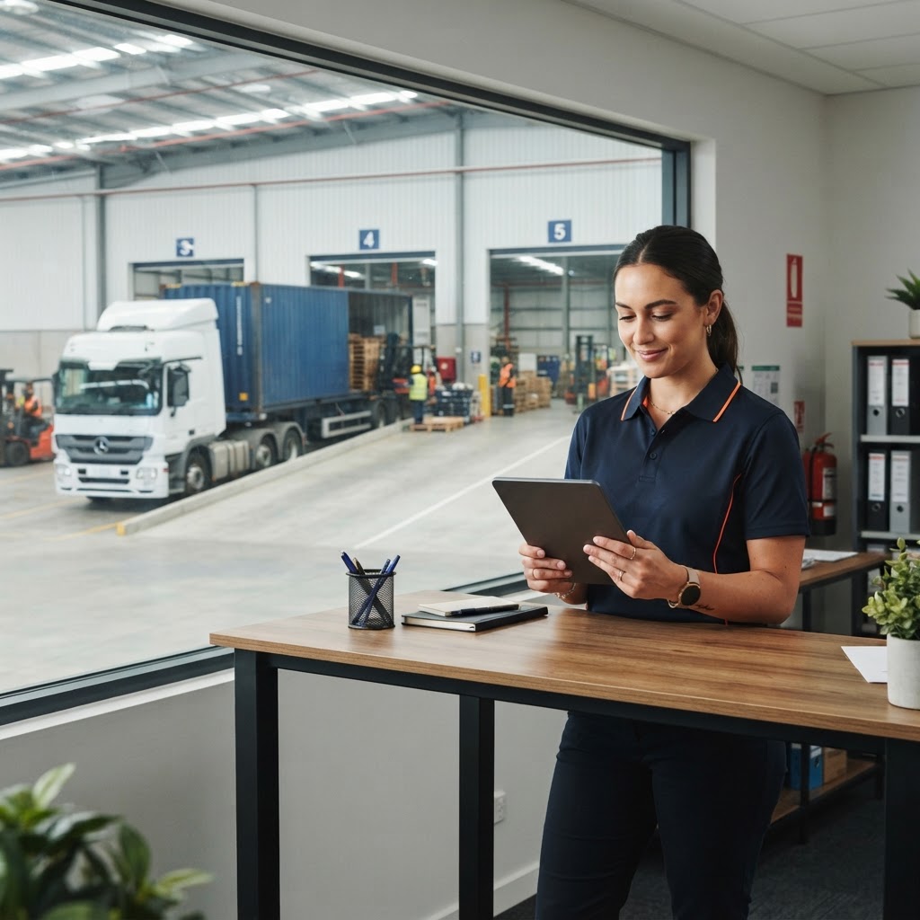 Logistics coordinator managing shipping from a modern office