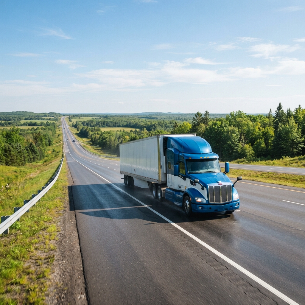 Transport truck moving efficiently along a highway