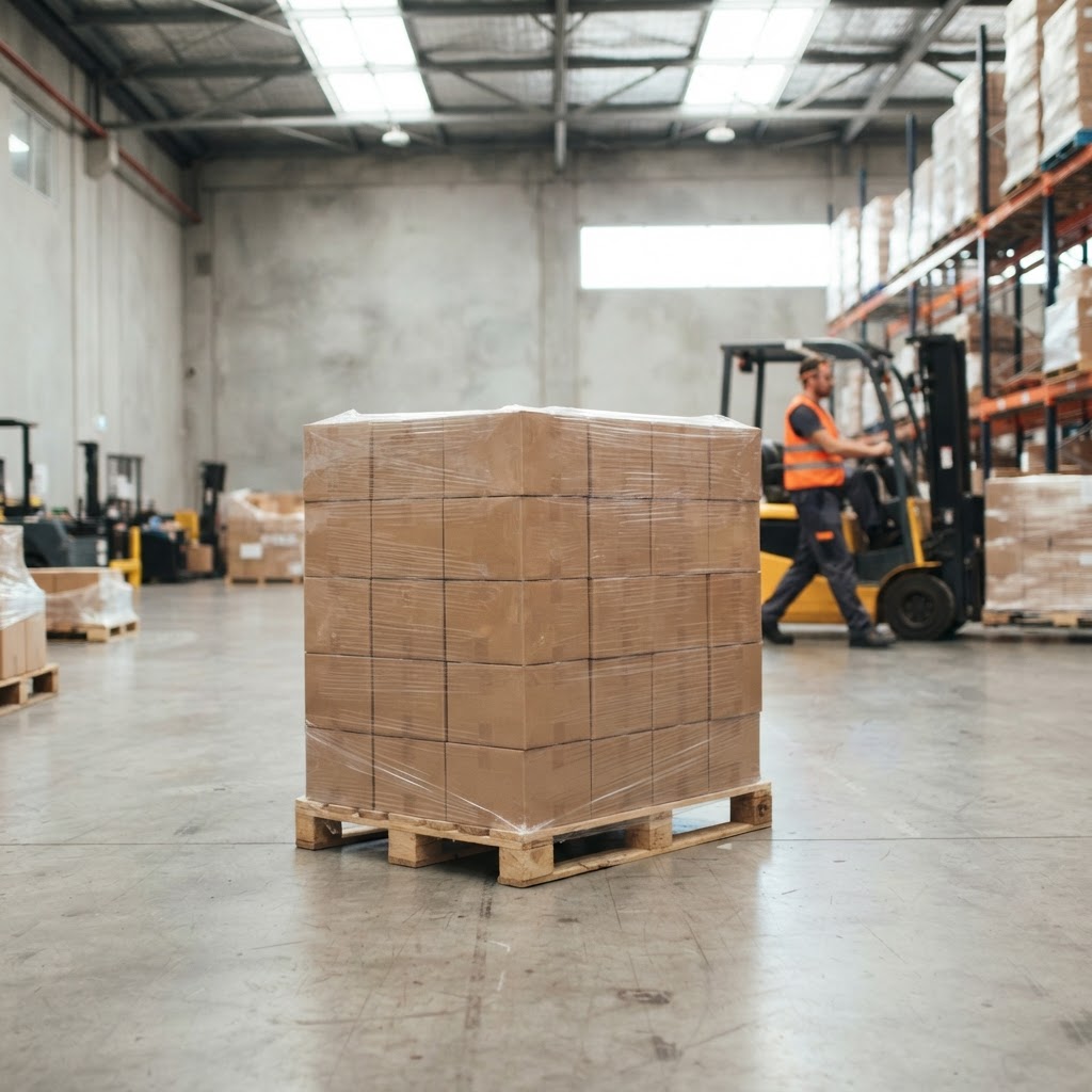 Neatly packed pallet staged in a clean warehouse