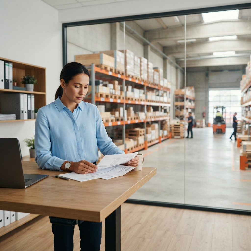Logistics coordinator reviewing shipping documents in a clean warehouse