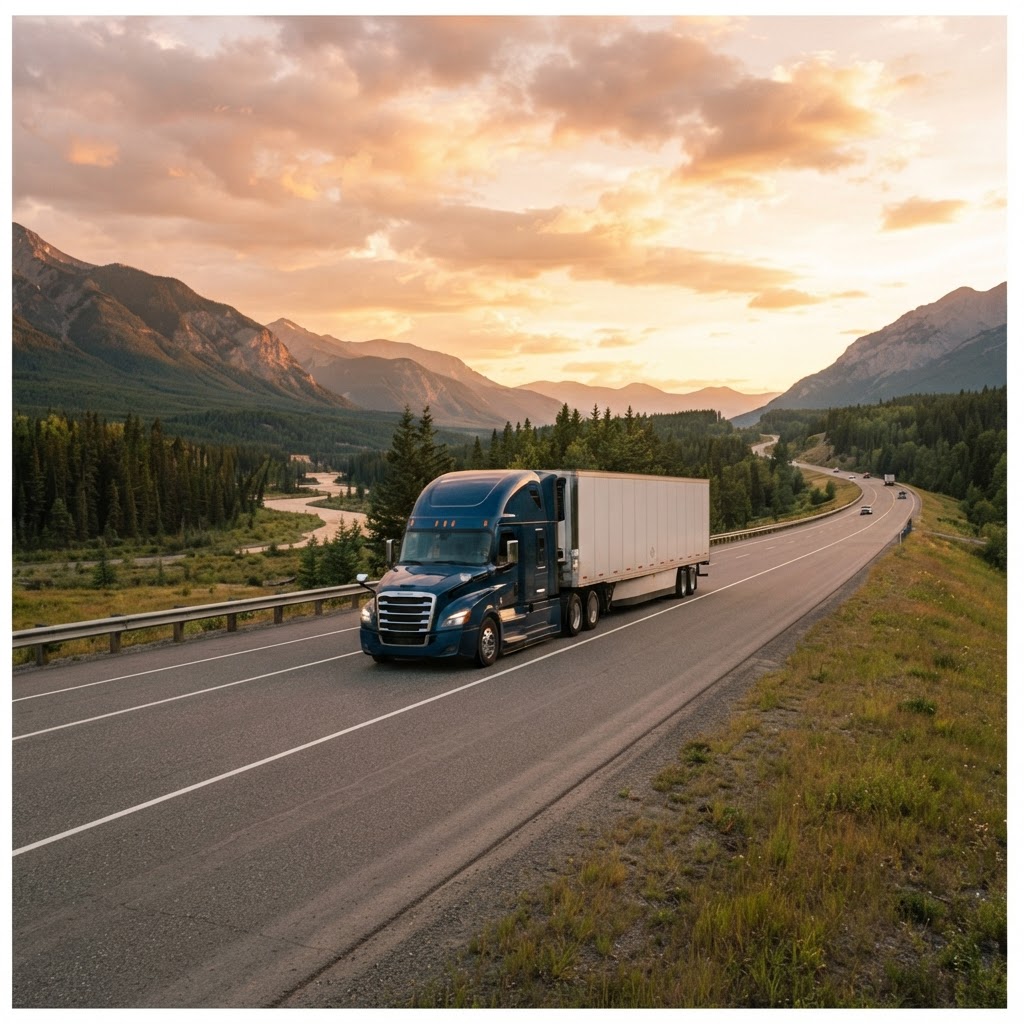 Transport truck driving along a Canadian highway