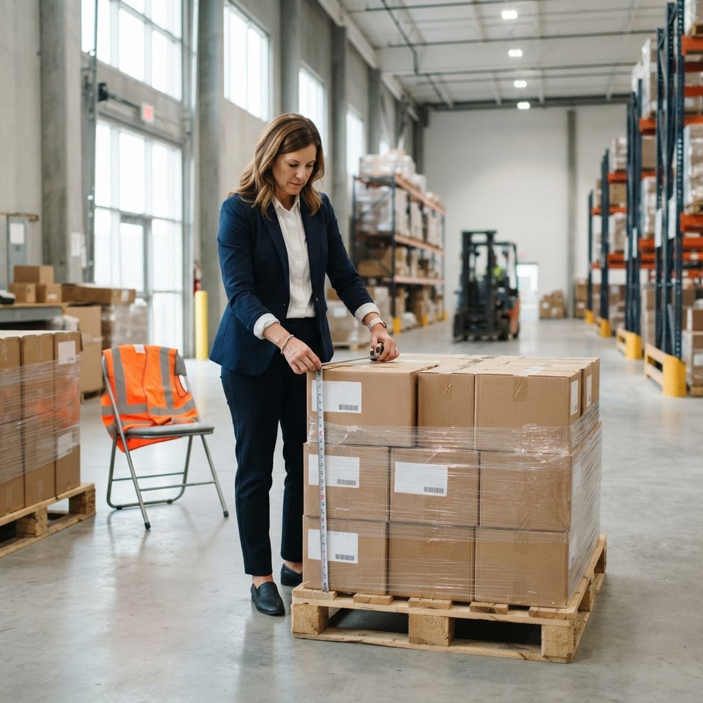 Logistics coordinator preparing to measure a shipping pallet