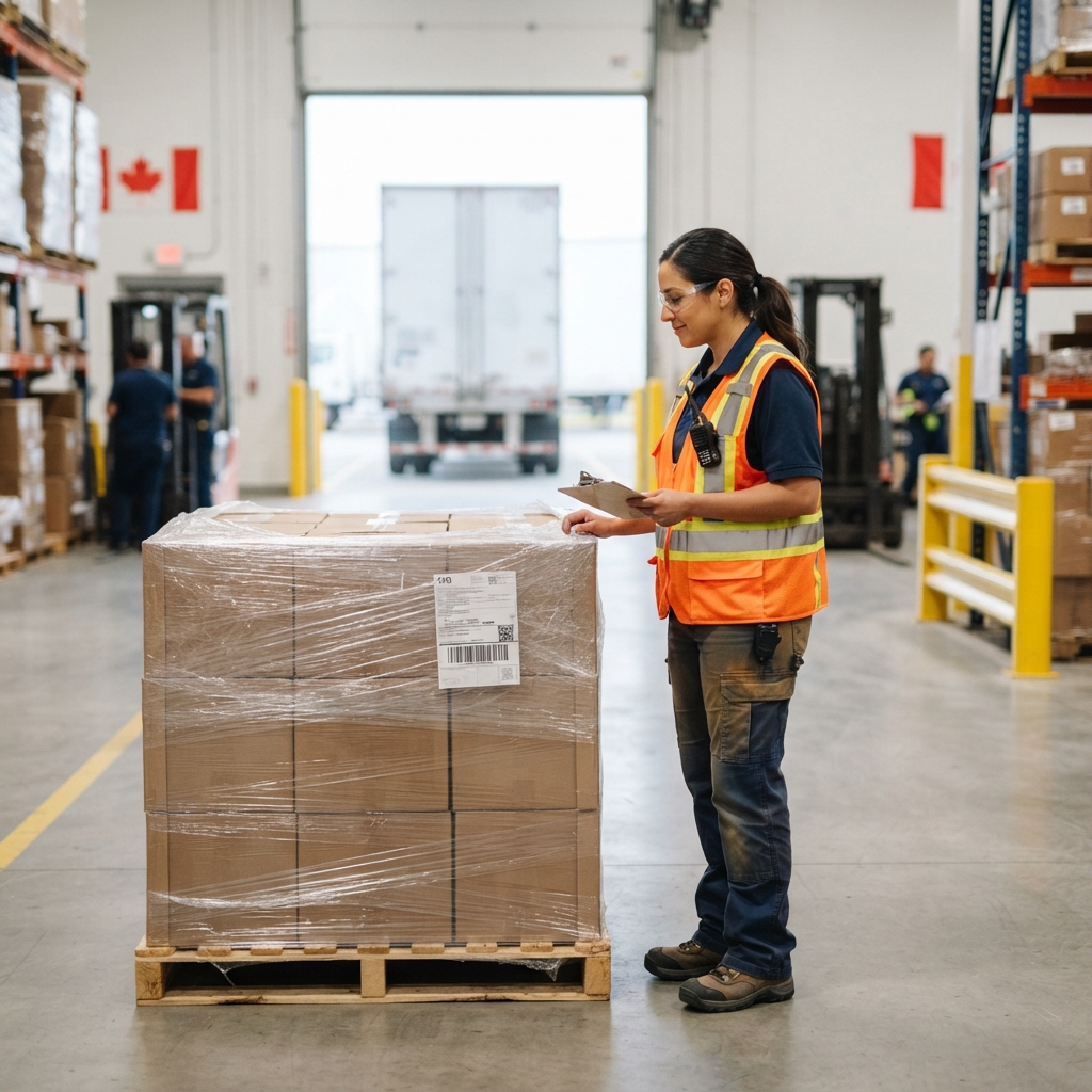 Warehouse worker checking pallet at a shipping dock