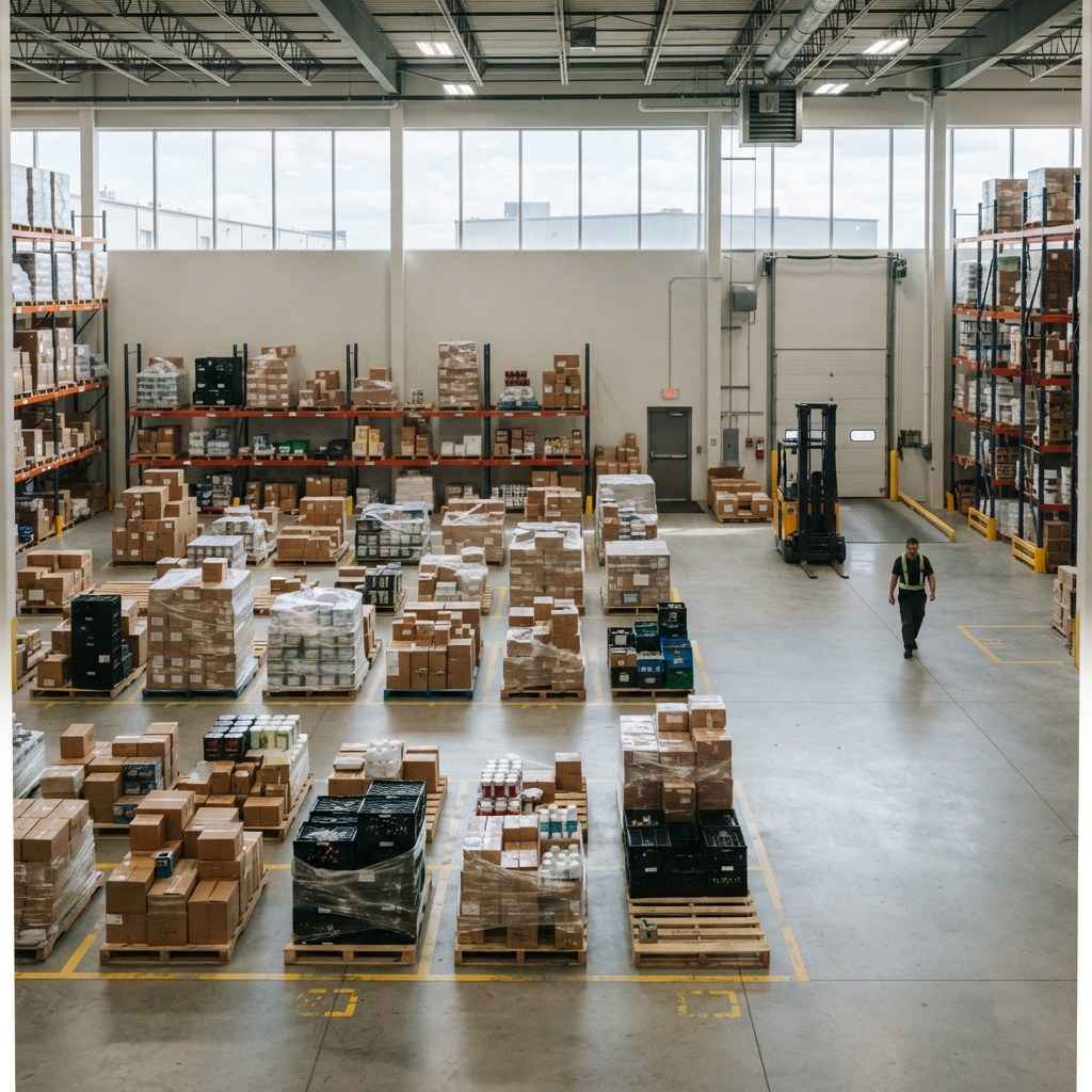Organized warehouse floor with pallets ready for shipment