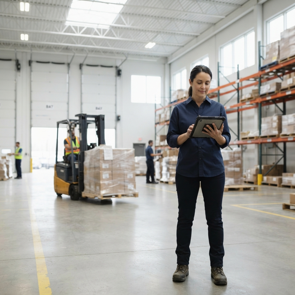Logistics manager checking shipment in an organized warehouse