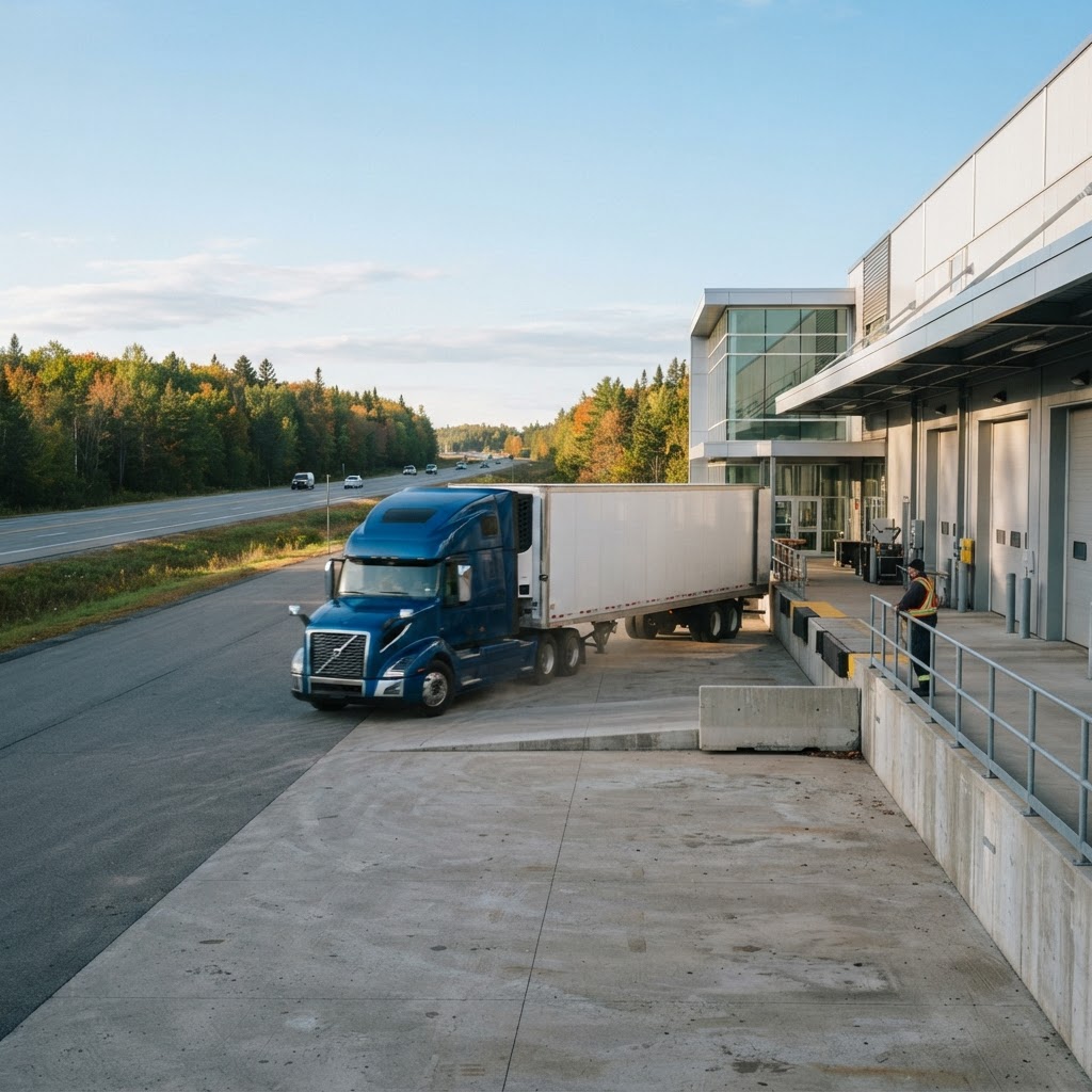 Transport truck departing a clean industrial loading dock