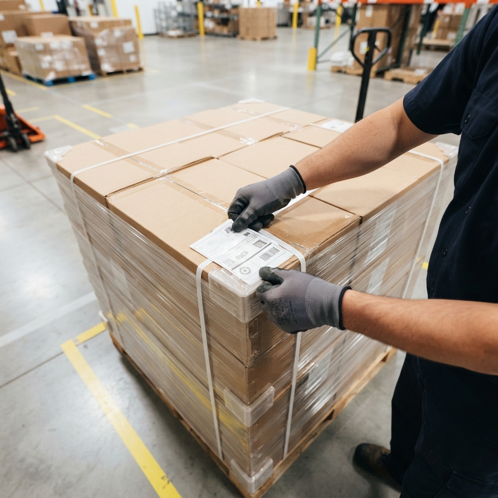 Close up of shipping label on a prepared freight pallet