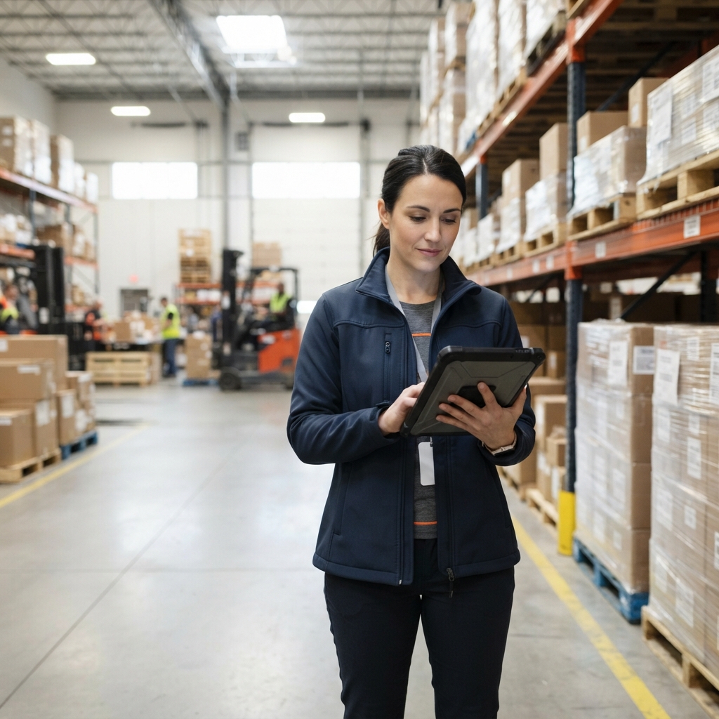 Logistics coordinator managing freight shipments on a tablet