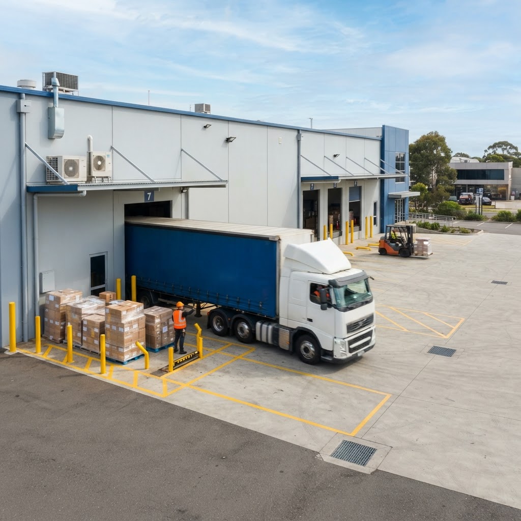Transport truck reversing into a warehouse loading bay