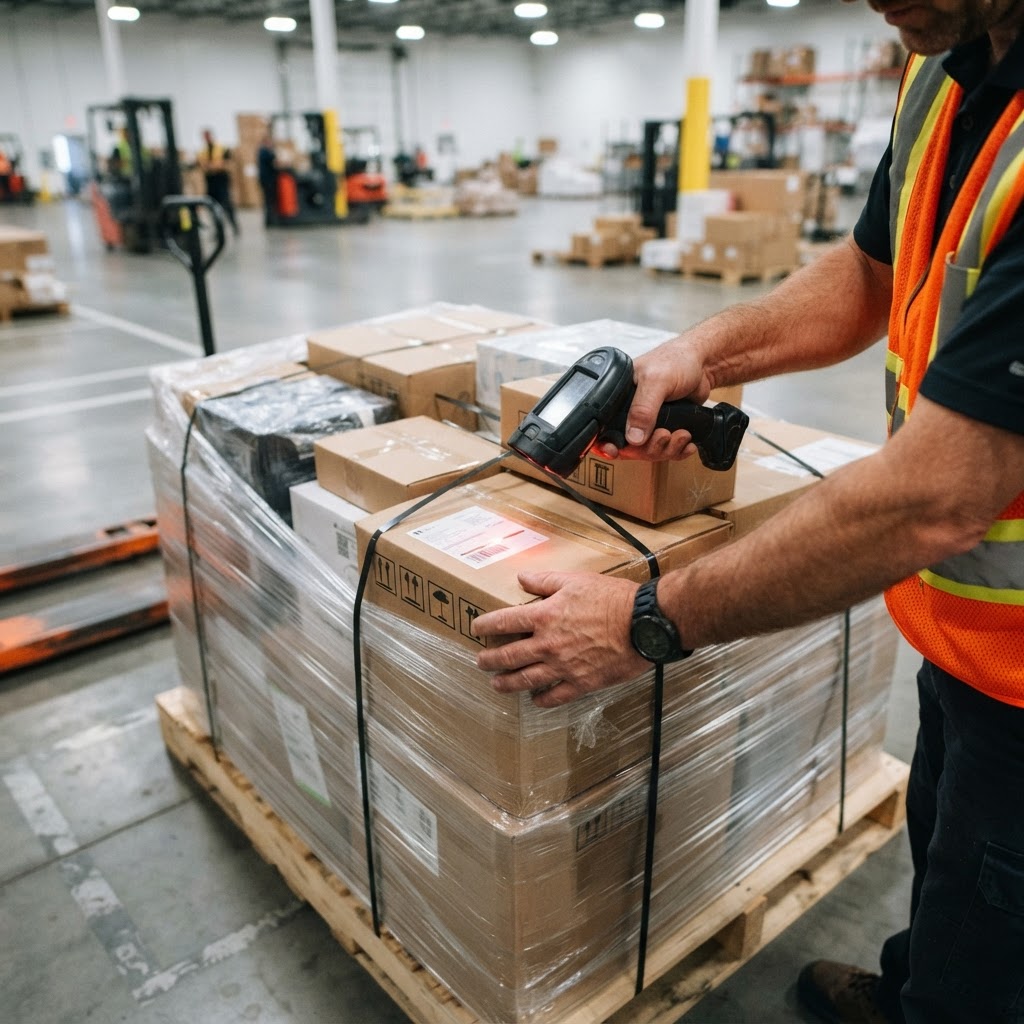 Worker scanning a pallet label in a warehouse