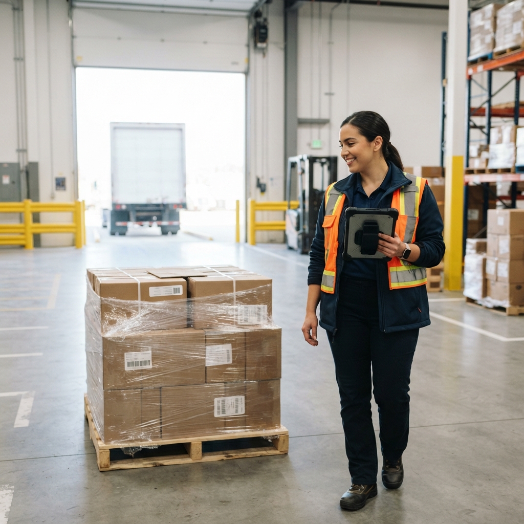 Logistics coordinator reviewing a shipment in a clean warehouse