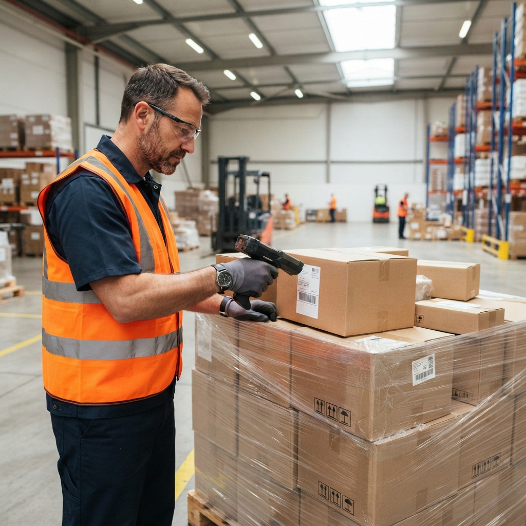 Warehouse worker scanning freight labels on a pallet