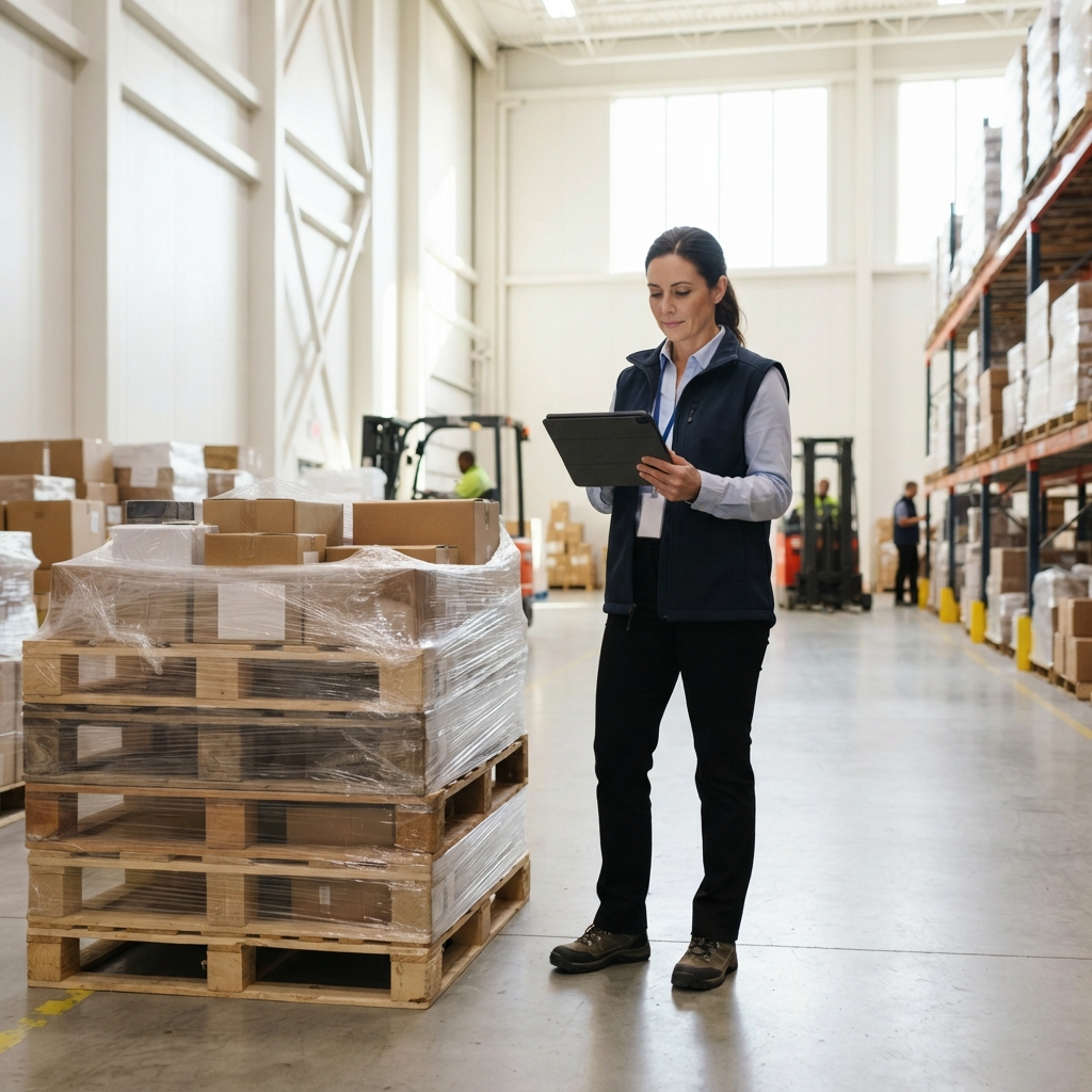 Logistics manager reviewing shipping plans on a tablet in a warehouse