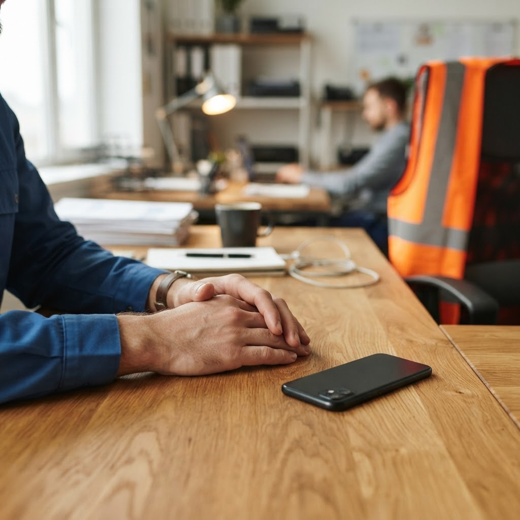 Close up of a professional workspace with a device and a high visibility vest