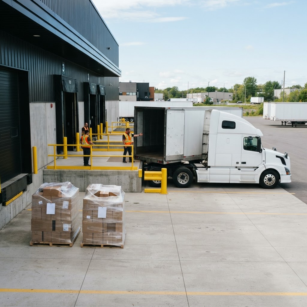Transport truck backing into a clean warehouse loading dock